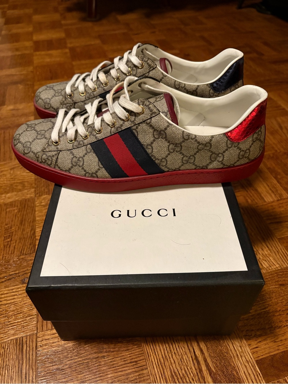 Gucci Men’s GG Supreme Sneakers in Beige with Red & Navy Accents